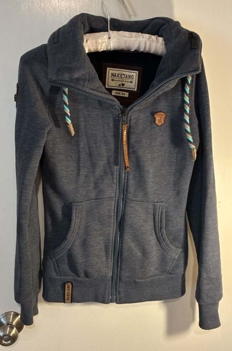Naketano Women’s XS Blue High Collar Zip Hoodie Jacket Braided Drawstrings Germa